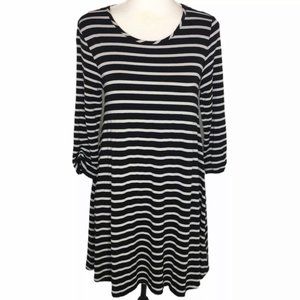 GARNET HILL 3/4 Ruched Sleeve Midi Striped Swing A Line Shirt Dress Small